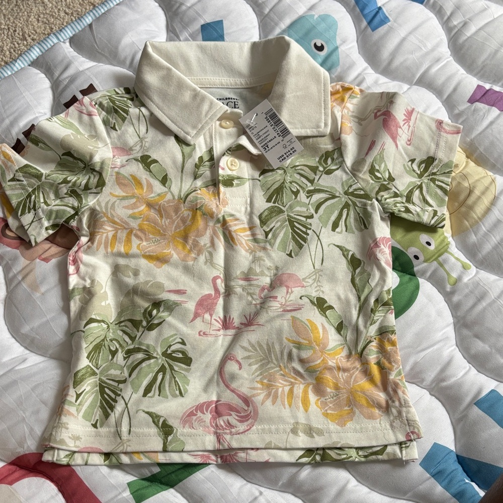 The Children's Place Tropical Flamingo Polo - Cream, Green, Pink